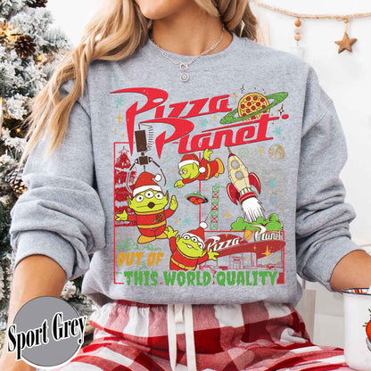 Pizza Planet Alien Sweatshirt, Pizza Planet Christmas Sweatshirt, Green Aliens Christmas Sweatshirt, Santa Aliens Christmas Lights Sweatshirt, Very Merry Xmas Sweatshirt