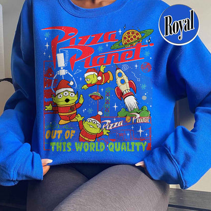 Pizza Planet Alien Sweatshirt, Pizza Planet Christmas Sweatshirt, Green Aliens Christmas Sweatshirt, Santa Aliens Christmas Lights Sweatshirt, Very Merry Xmas Sweatshirt