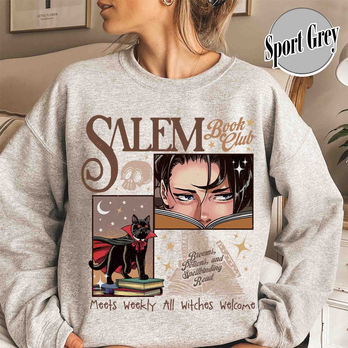 Halloween Sweatshirt, Retro Salem Book Club Sweatshirt, Black Cat Spooky Book Lover Sweatshirt