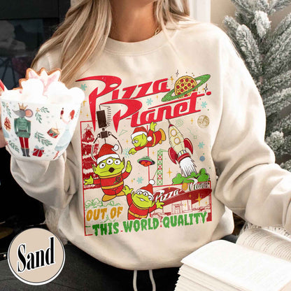 Pizza Planet Alien Sweatshirt, Pizza Planet Christmas Sweatshirt, Green Aliens Christmas Sweatshirt, Santa Aliens Christmas Lights Sweatshirt, Very Merry Xmas Sweatshirt