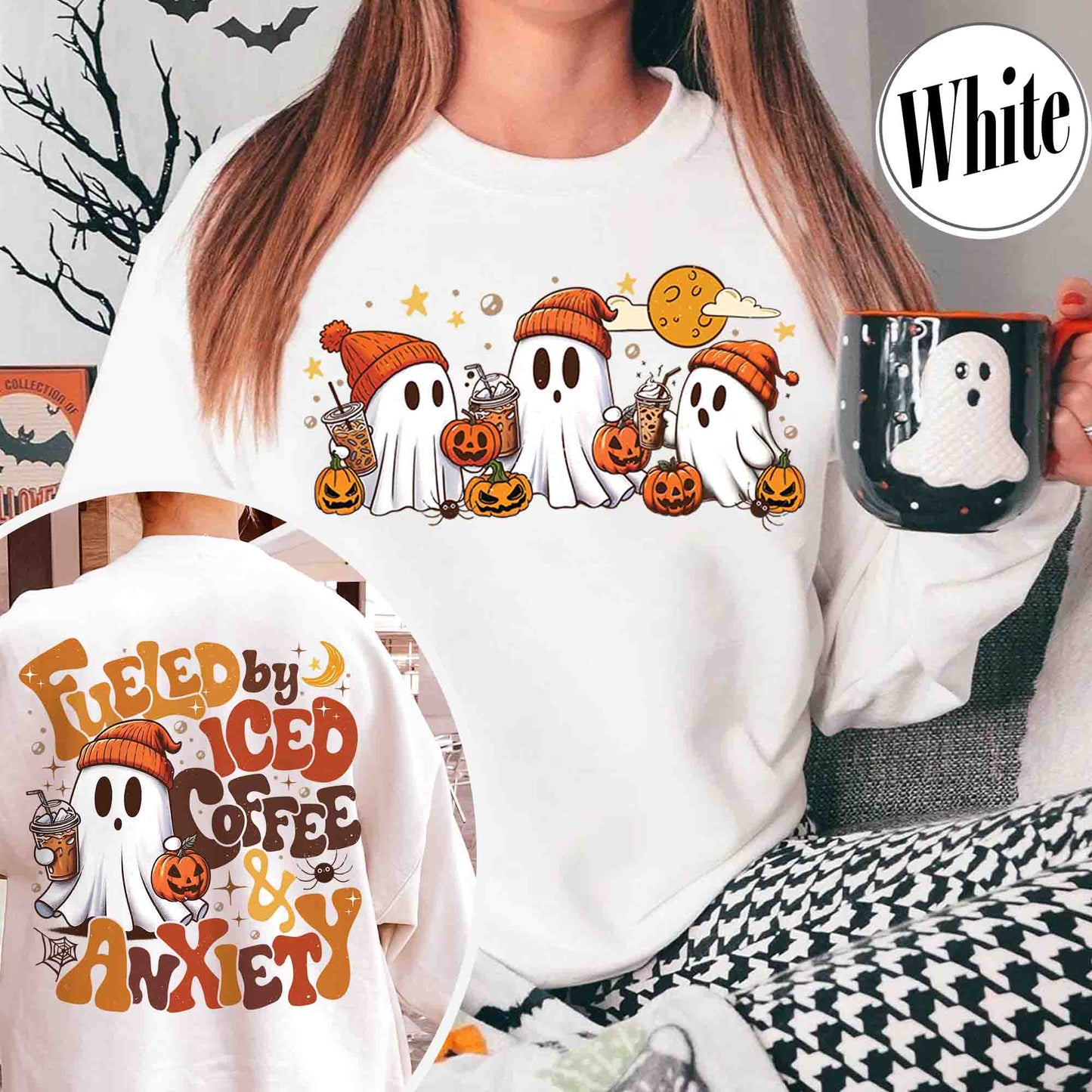 Halloween Ghost Iced Coffee Sweatshirt, Cute Ghost Drink Coffee Sweatshirt, Little Ghost Iced Coffee Sweatshirt