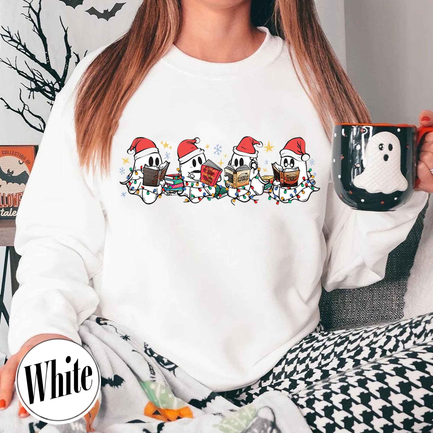 Christmas Ghost Reading, Halloween Cute Ghost Christmas Sweatshirt, Acotar Book Sweatshirt, Cute Spooky Ghost Christmas, Book Lover Gift, Book Sweatshirt