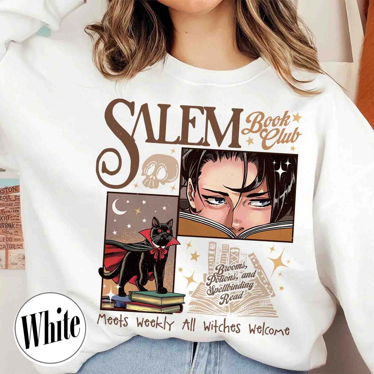 Halloween Sweatshirt, Retro Salem Book Club Sweatshirt, Black Cat Spooky Book Lover Sweatshirt