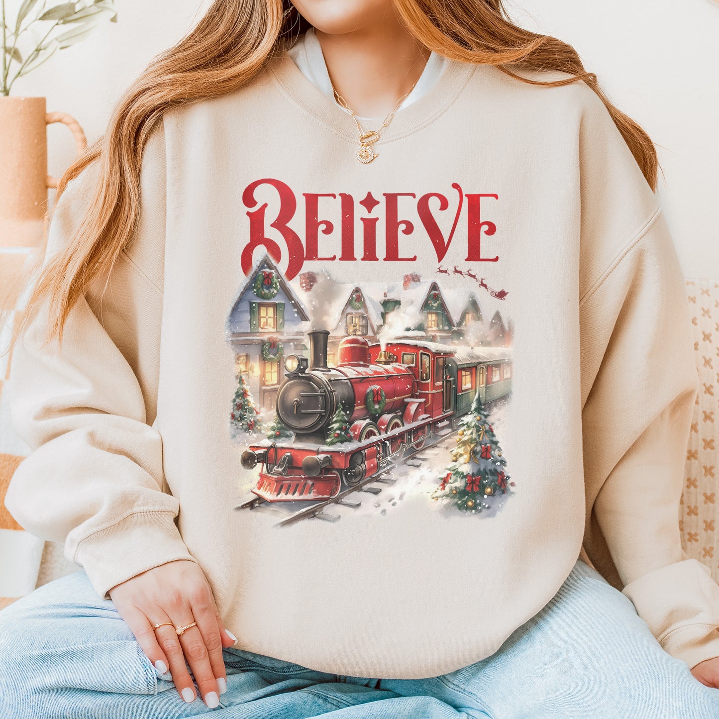 Believe Polar Express Christmas Train Sweatshirt | Holiday Santa Sleigh Sweatshirt