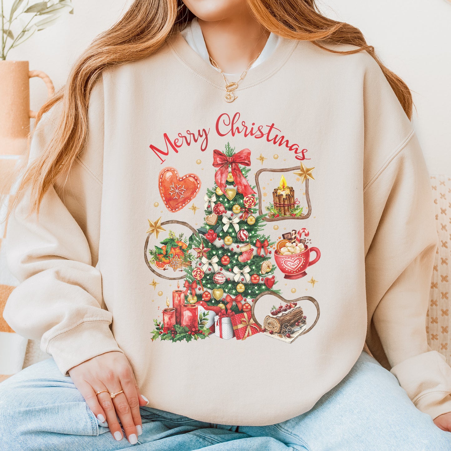 Vintage Merry Christmas Sweatshirt – Christmas Tree Candy Cane Hot Cocoa Holiday Sweatshirt