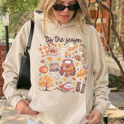 Tis the Season Tee, Pumpkin Season, Autumn Doodle Harvest, Women’s Cozy Hoodie