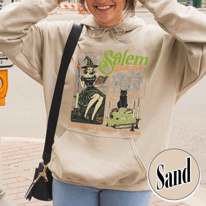 Halloween Bookish Hoodie, Salem Witch Book Club Hoodie, Black Cat Broom Hoodie