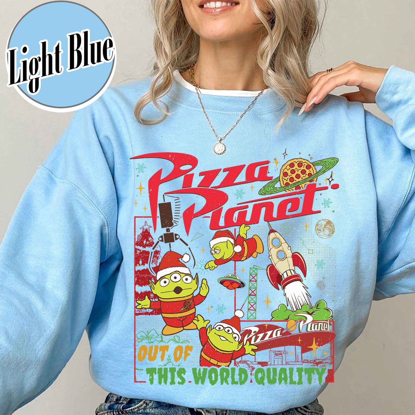 Pizza Planet Alien Sweatshirt, Pizza Planet Christmas Sweatshirt, Green Aliens Christmas Sweatshirt, Santa Aliens Christmas Lights Sweatshirt, Very Merry Xmas Sweatshirt