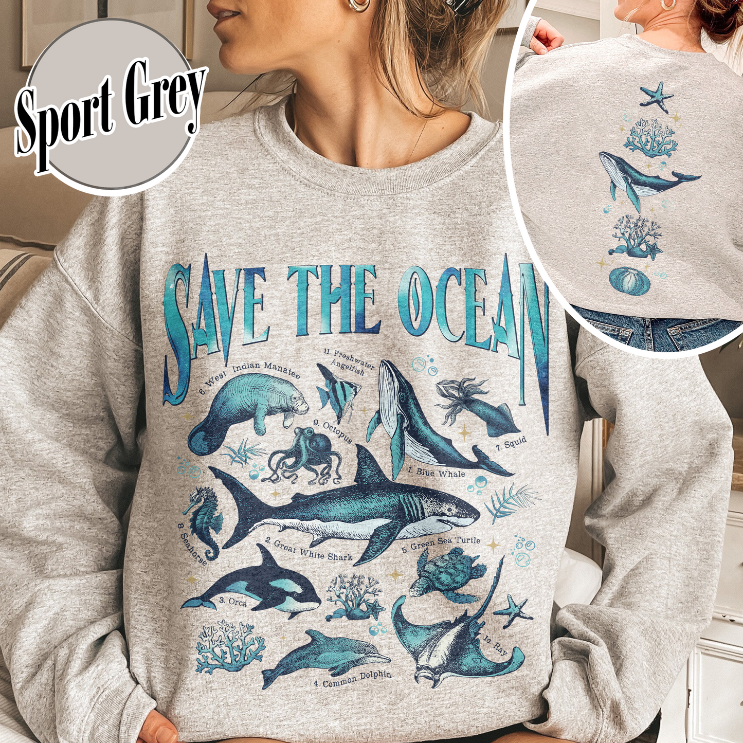 Save The Ocean Sweatshirt, Animal Sweatshirt, Retro Ocean Nature Sweatshirt, Dolphin Sweatshirt, Shark Lover Gift,Marine Biologist,Surfing Sweatshirt