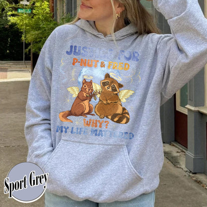 Justice for P'nut and Fred Hoodie,P’Nut The Squirrel,Raccoon With Moon Hoodie,Animal Rights Hoodie,P'nut and Raccoons Vintage Graphic Hoodie