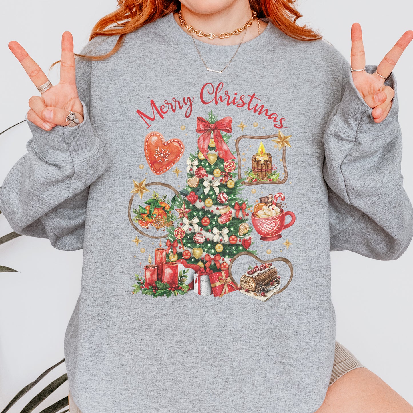 Vintage Merry Christmas Sweatshirt – Christmas Tree Candy Cane Hot Cocoa Holiday Sweatshirt