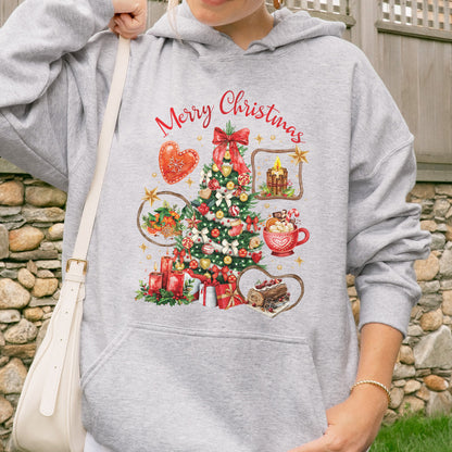 Vintage Merry Christmas Hoodie – Christmas Tree Candy Cane Hot Cocoa Holiday Hoodie