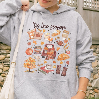 Tis the Season Tee, Pumpkin Season, Autumn Doodle Harvest, Women’s Cozy Hoodie
