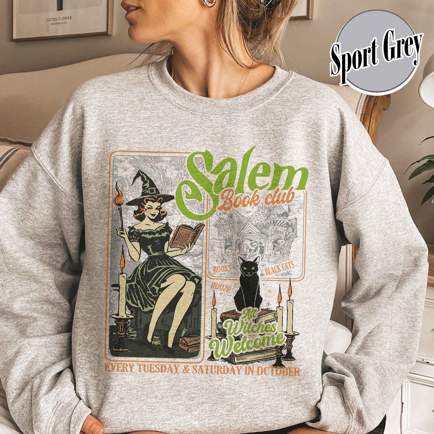 Halloween Bookish Sweatshirt, Salem Witch Book Club Sweatshirt, Black Cat Broom Sweatshirt