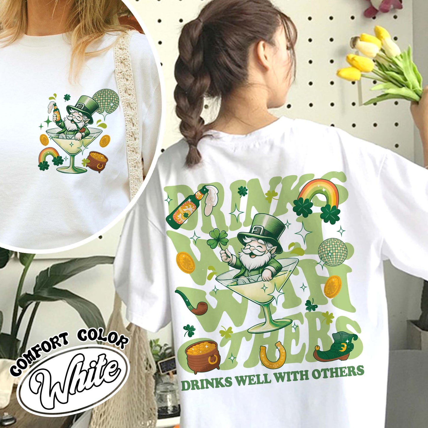 St Patrick’s Day Comfort Color Shirt, Drinks Well With Others Shirt, Leprechaun Martini Cocktail Patty’s Day Shirt
