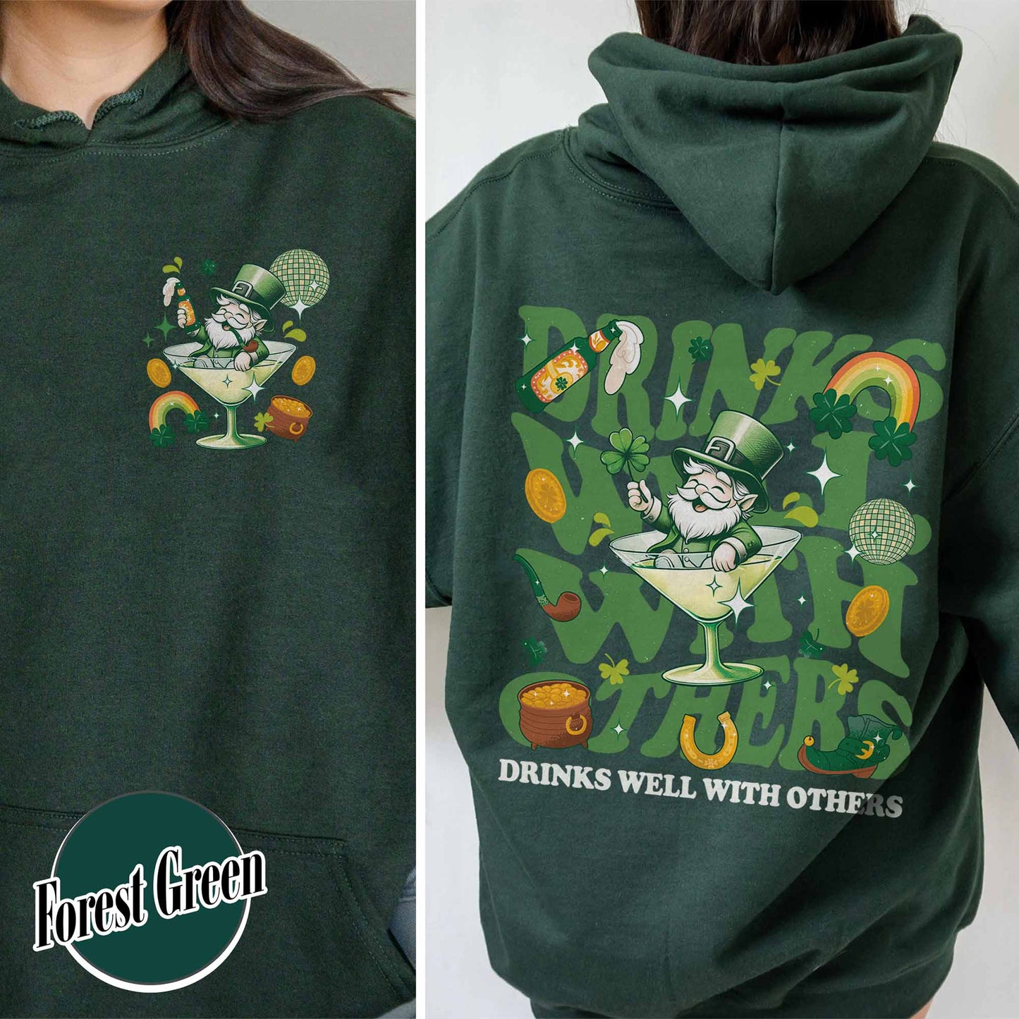 St Patrick’s Day Hoodie, Drinks Well With Others Hoodie, Leprechaun Martini Cocktail Patty’s Day Hoodie