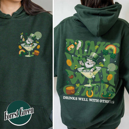 St Patrick’s Day Hoodie, Drinks Well With Others Hoodie, Leprechaun Martini Cocktail Patty’s Day Hoodie