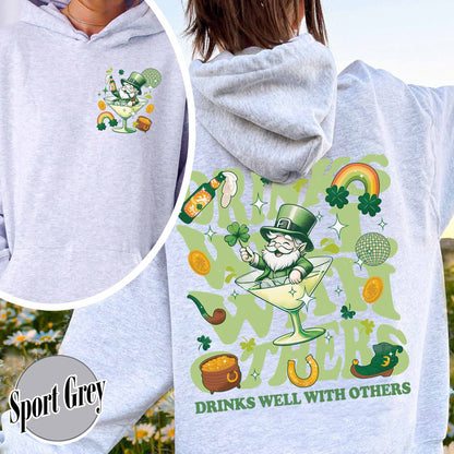 St Patrick’s Day Hoodie, Drinks Well With Others Hoodie, Leprechaun Martini Cocktail Patty’s Day Hoodie