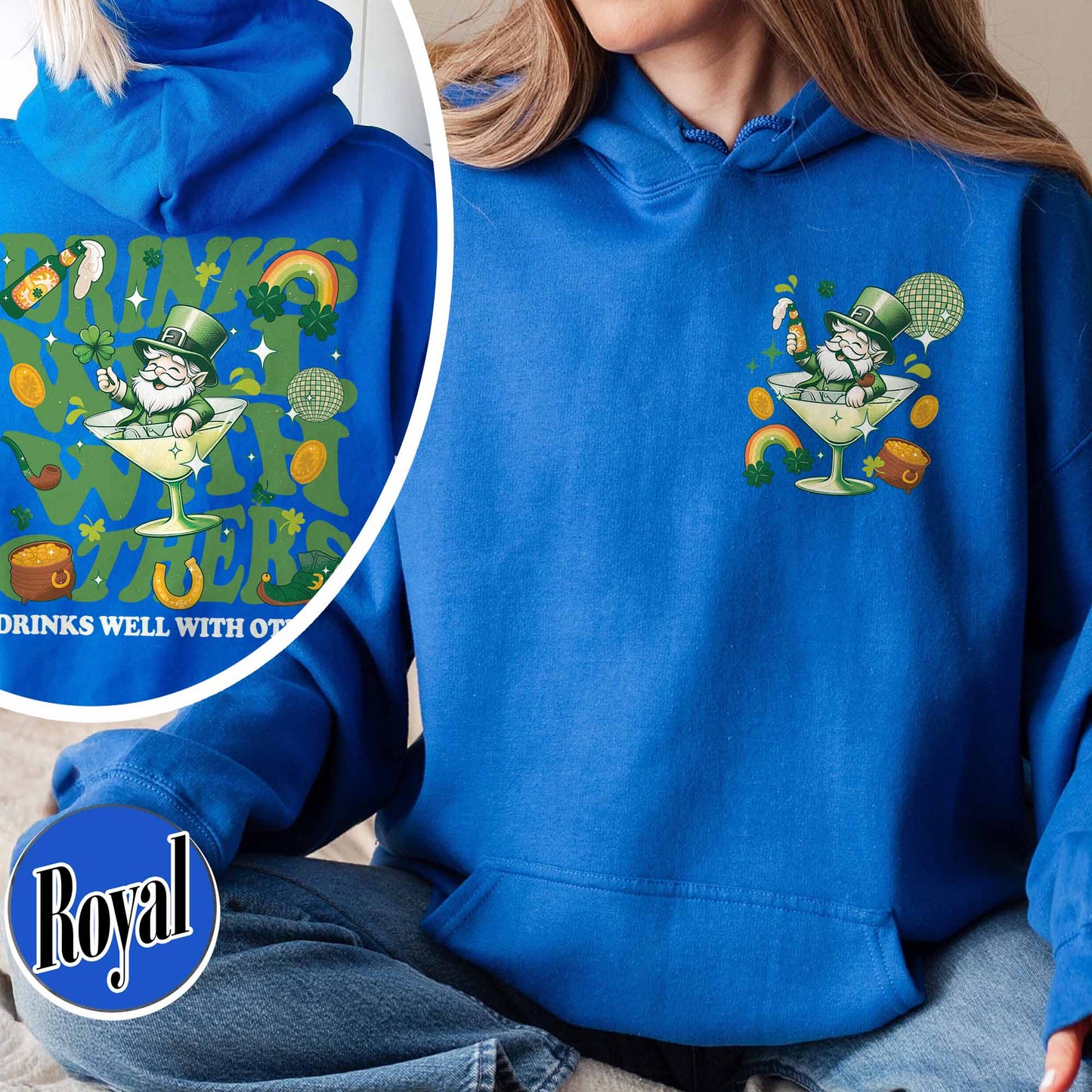 St Patrick’s Day Hoodie, Drinks Well With Others Hoodie, Leprechaun Martini Cocktail Patty’s Day Hoodie