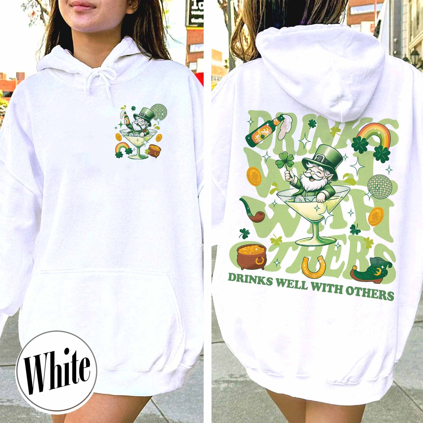 St Patrick’s Day Hoodie, Drinks Well With Others Hoodie, Leprechaun Martini Cocktail Patty’s Day Hoodie