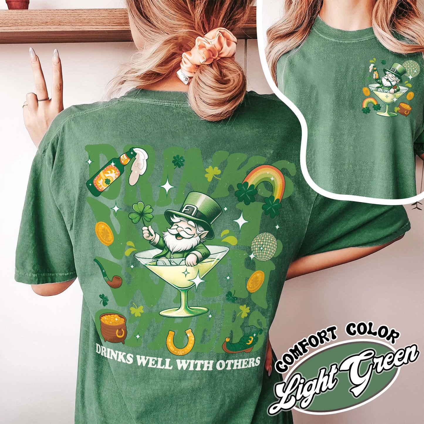 St Patrick’s Day Comfort Color Shirt, Drinks Well With Others Shirt, Leprechaun Martini Cocktail Patty’s Day Shirt