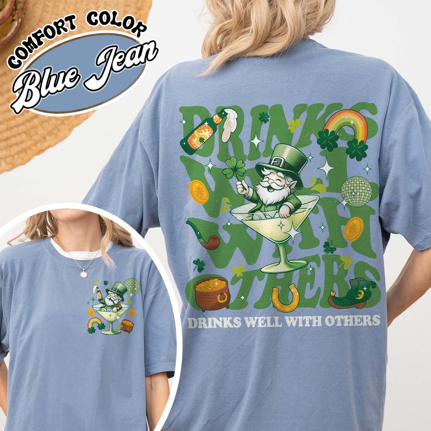 St Patrick’s Day Comfort Color Shirt, Drinks Well With Others Shirt, Leprechaun Martini Cocktail Patty’s Day Shirt