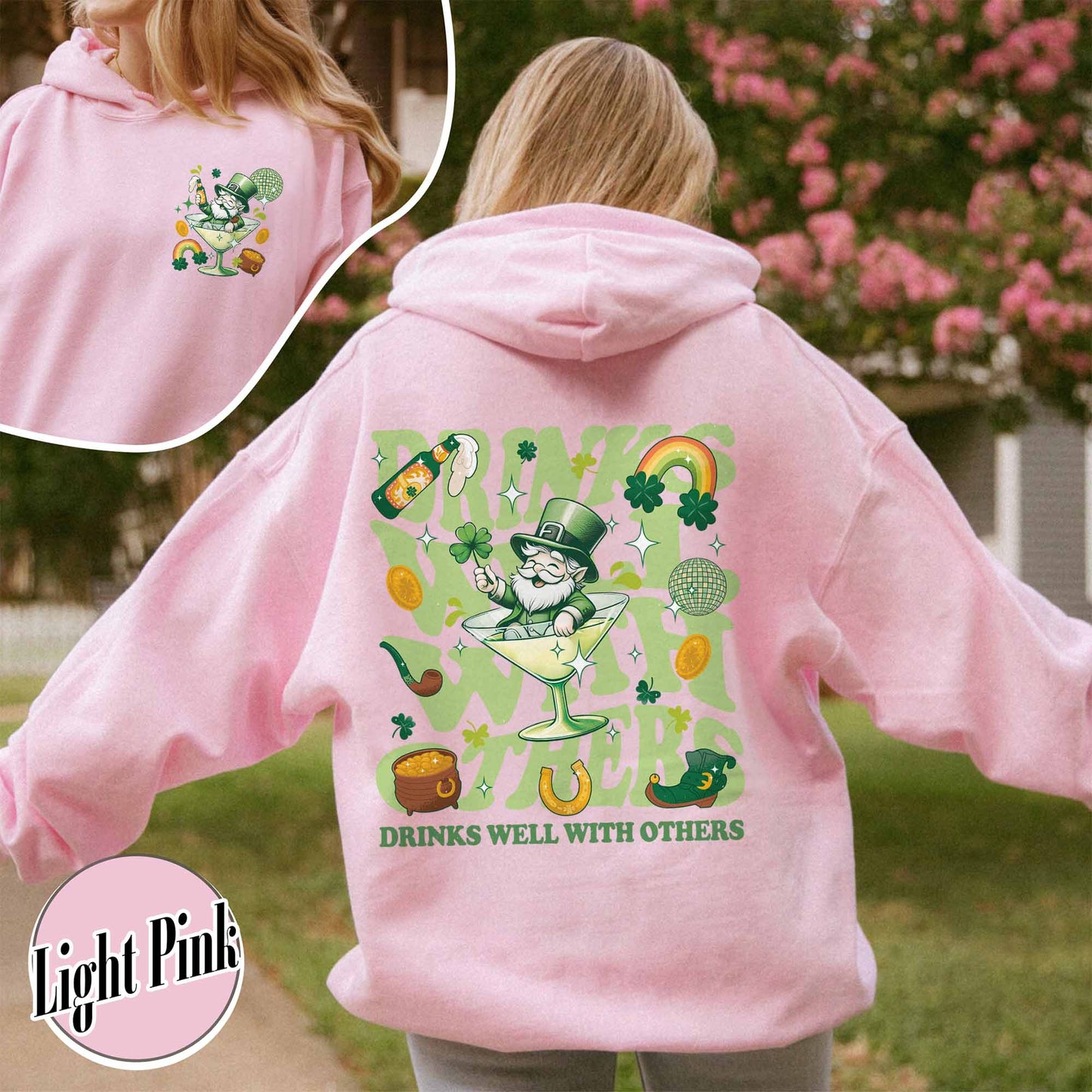 St Patrick’s Day Hoodie, Drinks Well With Others Hoodie, Leprechaun Martini Cocktail Patty’s Day Hoodie