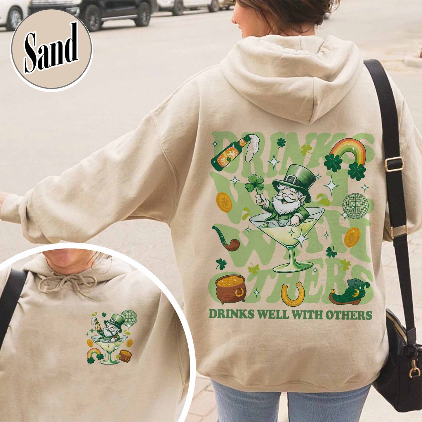 St Patrick’s Day Hoodie, Drinks Well With Others Hoodie, Leprechaun Martini Cocktail Patty’s Day Hoodie