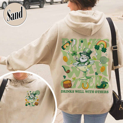 St Patrick’s Day Hoodie, Drinks Well With Others Hoodie, Leprechaun Martini Cocktail Patty’s Day Hoodie