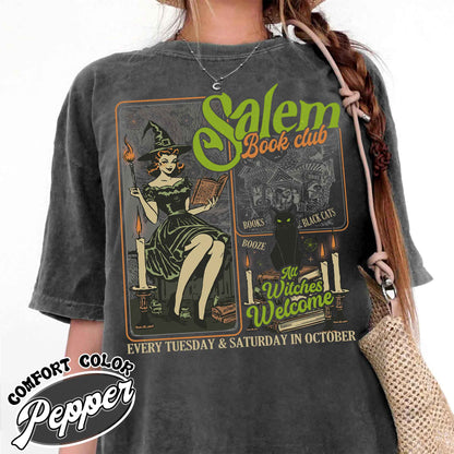 Salem Book Club Shirt, Salem Book Club, Salem Witch Book Club, Halloween Bookish Gift, Halloween Black Cat Broom Shirts, Halloween Bookish Shirt