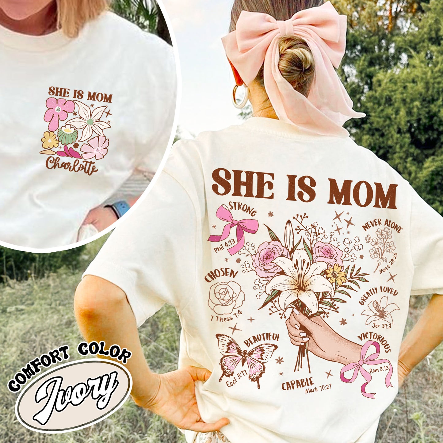 Floral Mother's Day Comfort Colors T-Shirt, She Is Mom Shirt,Custom Coquette Praying Mama Shirts