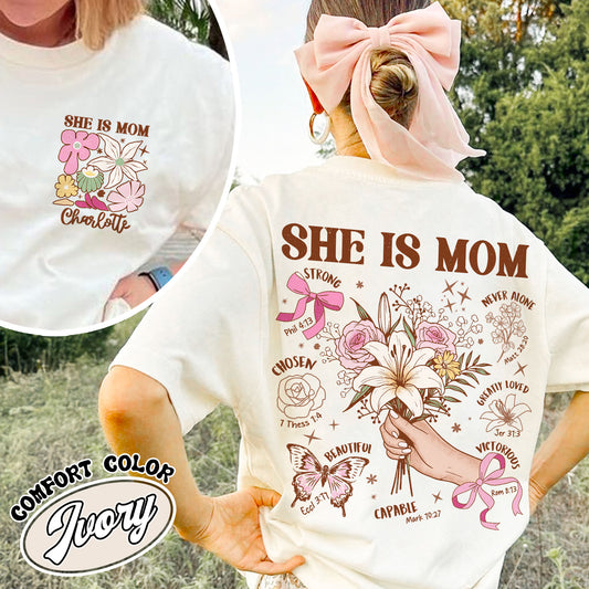 Floral Mother's Day Comfort Colors T-Shirt, She Is Mom Shirt,Custom Coquette Praying Mama Shirts