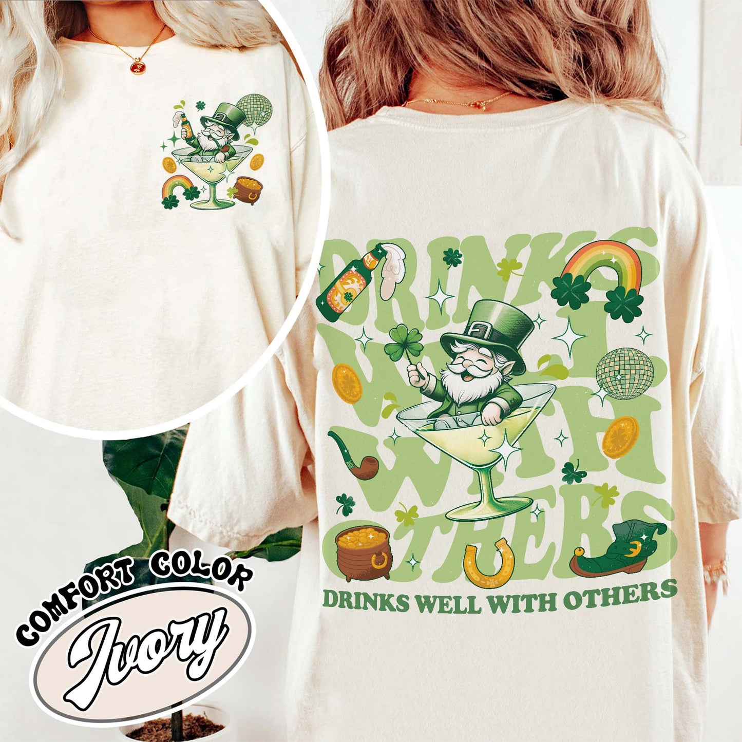 St Patrick’s Day Comfort Color Shirt, Drinks Well With Others Shirt, Leprechaun Martini Cocktail Patty’s Day Shirt