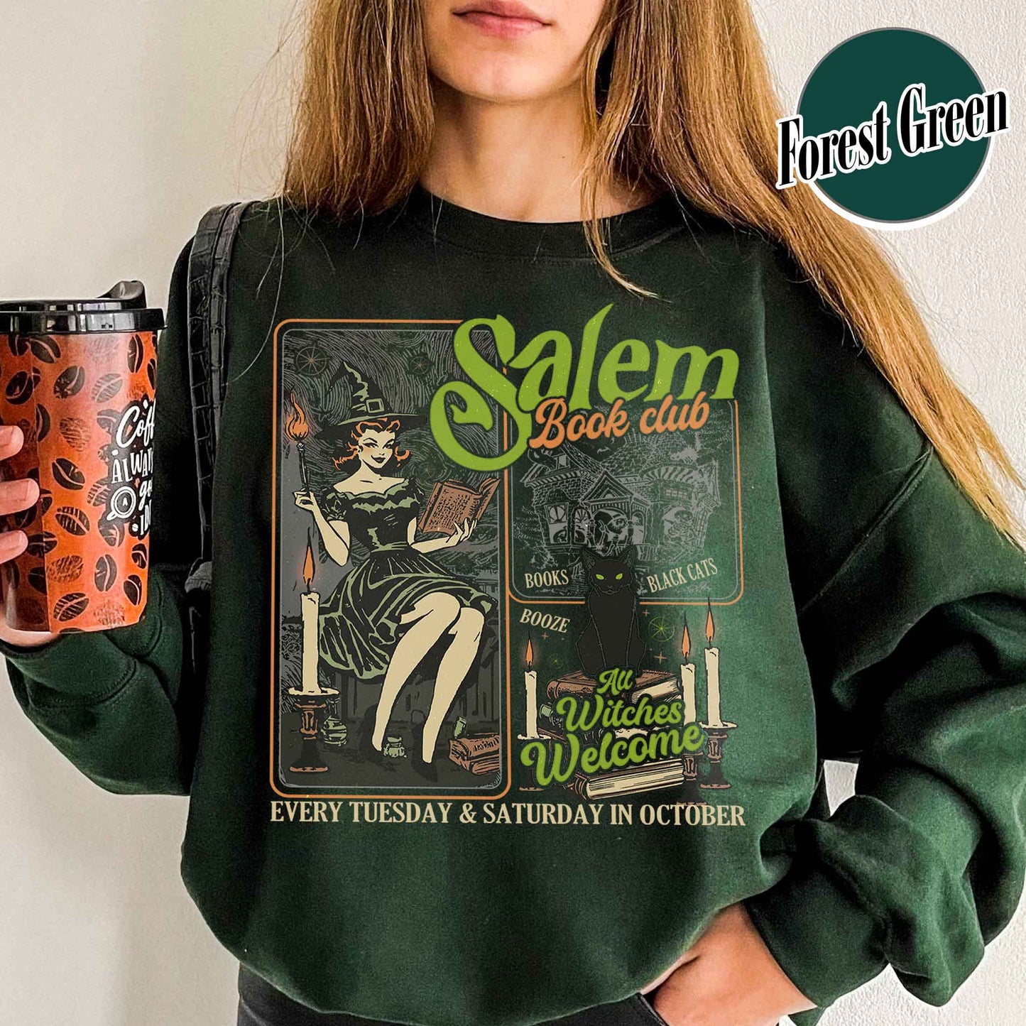 Halloween Bookish Sweatshirt, Salem Witch Book Club Sweatshirt, Black Cat Broom Sweatshirt