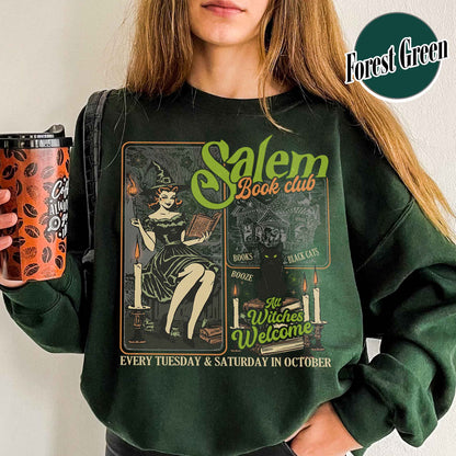 Halloween Bookish Sweatshirt, Salem Witch Book Club Sweatshirt, Black Cat Broom Sweatshirt