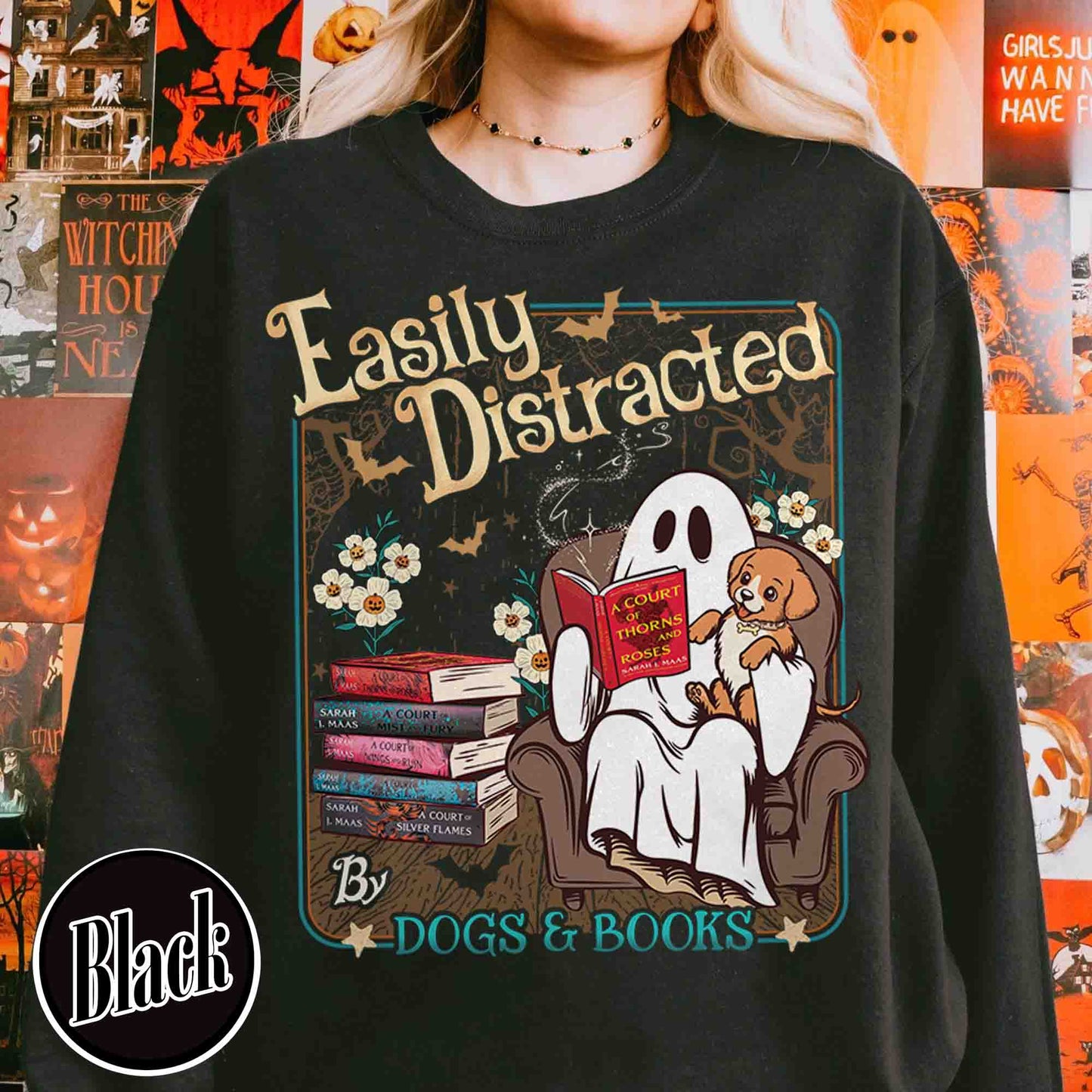 Halloween Book Lover Sweatshirt, Easily Distracted Cats and Books Sweatshirt, Books and Black Cats Sweatshirt