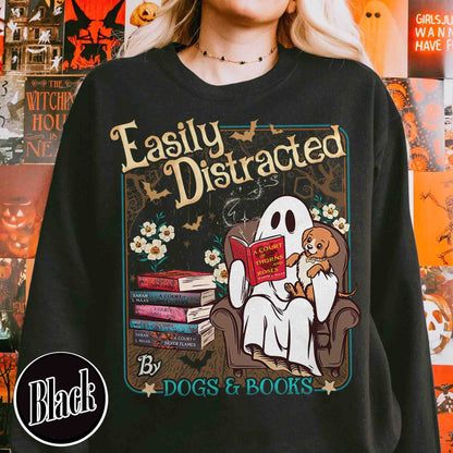 Halloween Book Lover Sweatshirt, Easily Distracted Cats and Books Sweatshirt, Books and Black Cats Sweatshirt