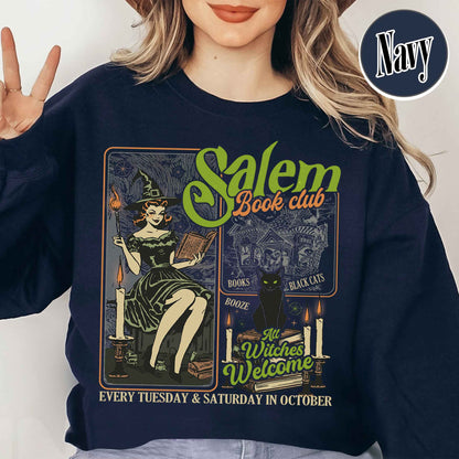 Halloween Bookish Sweatshirt, Salem Witch Book Club Sweatshirt, Black Cat Broom Sweatshirt