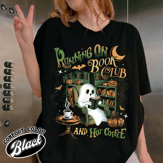 Bookish Comfort Color Shirt, Ghost Book Shirt, Book Club Halloween Shirt, Running on Book Club and Hot Coffee