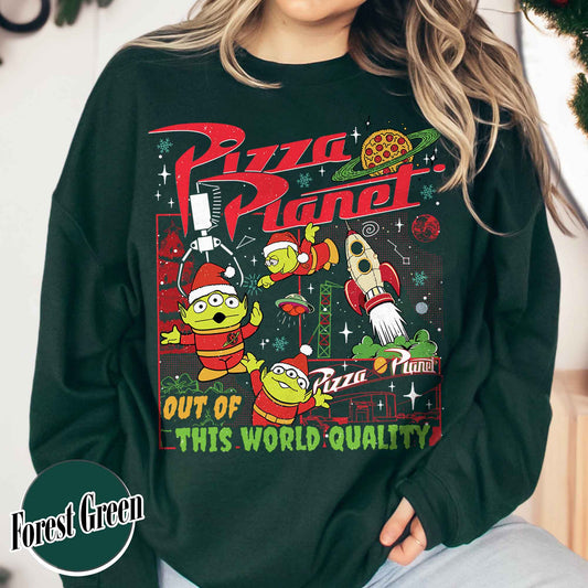 Pizza Planet Alien Sweatshirt, Pizza Planet Christmas Sweatshirt, Green Aliens Christmas Sweatshirt, Santa Aliens Christmas Lights Sweatshirt, Very Merry Xmas Sweatshirt