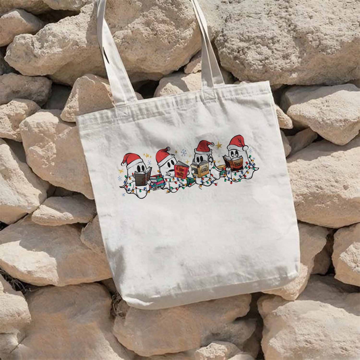 Christmas Ghost Tote Bag, Reading Book Holiday Collection Bag