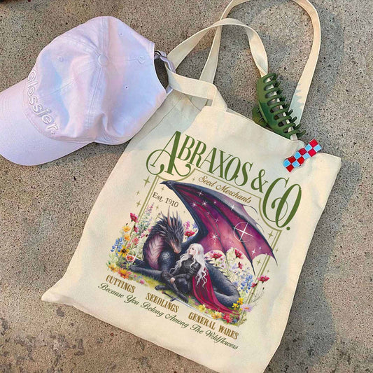 Abraxos Flower Tote Bag, Fantasy Dragon Bookish, Boho Wildflowers Cottagecore Bag, Fantasy Book Lover Bag, Book Gift