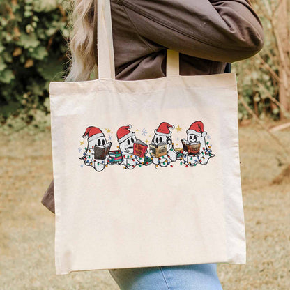 Christmas Ghost Tote Bag, Reading Book Holiday Collection Bag