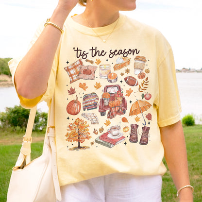 Tis the Season Tee, Pumpkin Season, Autumn Doodle Harvest, Women’s Cozy Tshirt