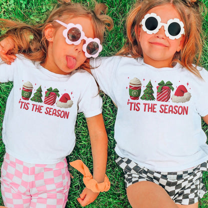 Tis The Season Shirt: Christmas Coffee, Holiday Gift, Santa Hat Tree, Festive Christmas Outfit Youth Tshirt