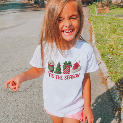 Tis The Season Shirt: Christmas Coffee, Holiday Gift, Santa Hat Tree, Festive Christmas Outfit Youth Tshirt