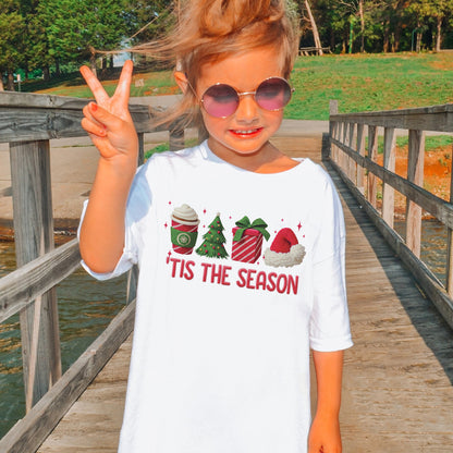 Tis The Season Shirt: Christmas Coffee, Holiday Gift, Santa Hat Tree, Festive Christmas Outfit Youth Tshirt
