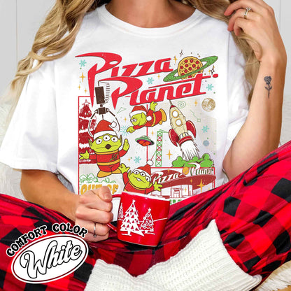 Pizza Planet Alien Shirt, Pizza Planet Christmas Shirt, Green Aliens Christmas Shirt, Santa Aliens Christmas Lights Tee, Very Merry Xmas Tee