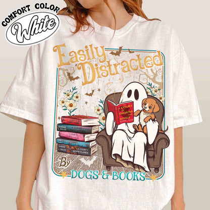 Easily Distracted Dogs And Books Shirt, Books And Dogs Shirt, Ghost Reading Books Shirt, Halloween Little Ghost Shirt, Book Lover Ghost Gift