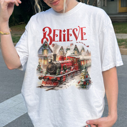 Believe Polar Express Christmas Train Shirt | Holiday Santa Sleigh Tee